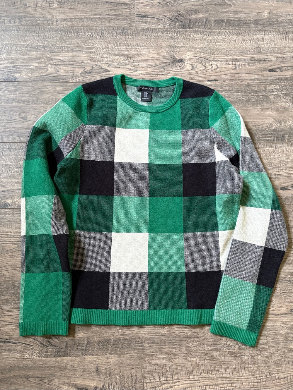 Tahari Green, Black & Gray Buffalo Check Crewneck Sweater